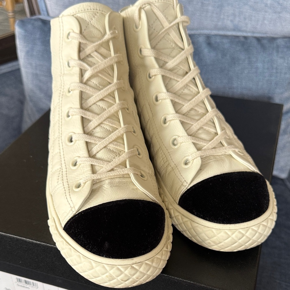 CHANEL Ivory and Black High-Top Sneakers